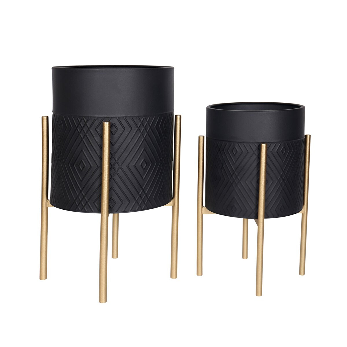 S/2 Diamond Planter On Metal Tand, Blk/gld