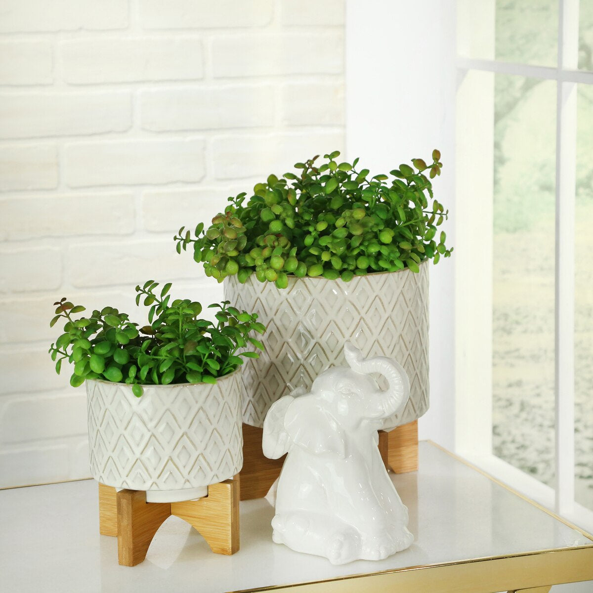 Ceramic 8" Flower Pot W/wooden Stand