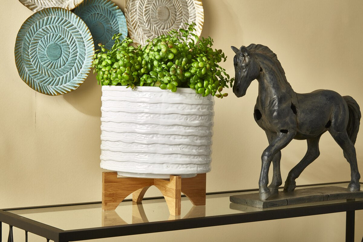 Ceramic 10" Planter On Stand,white Stripe