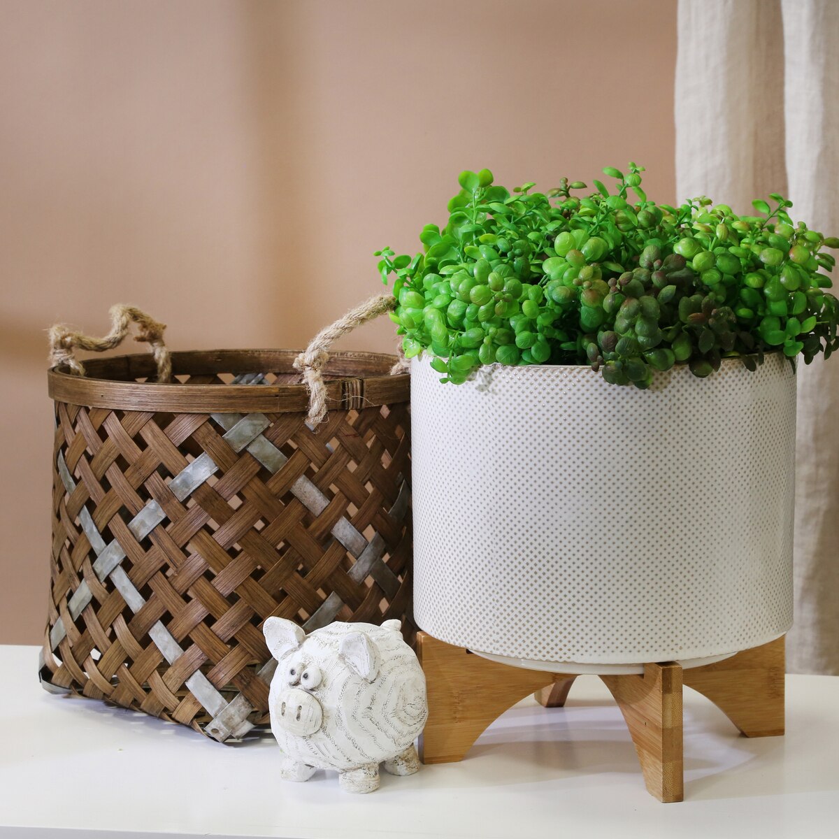 Ceramic 10" Planter On Stand,white / Tan Dot