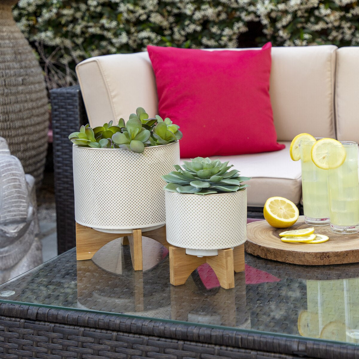 Ceramic 8" Planter On Stand, White/tan Dot