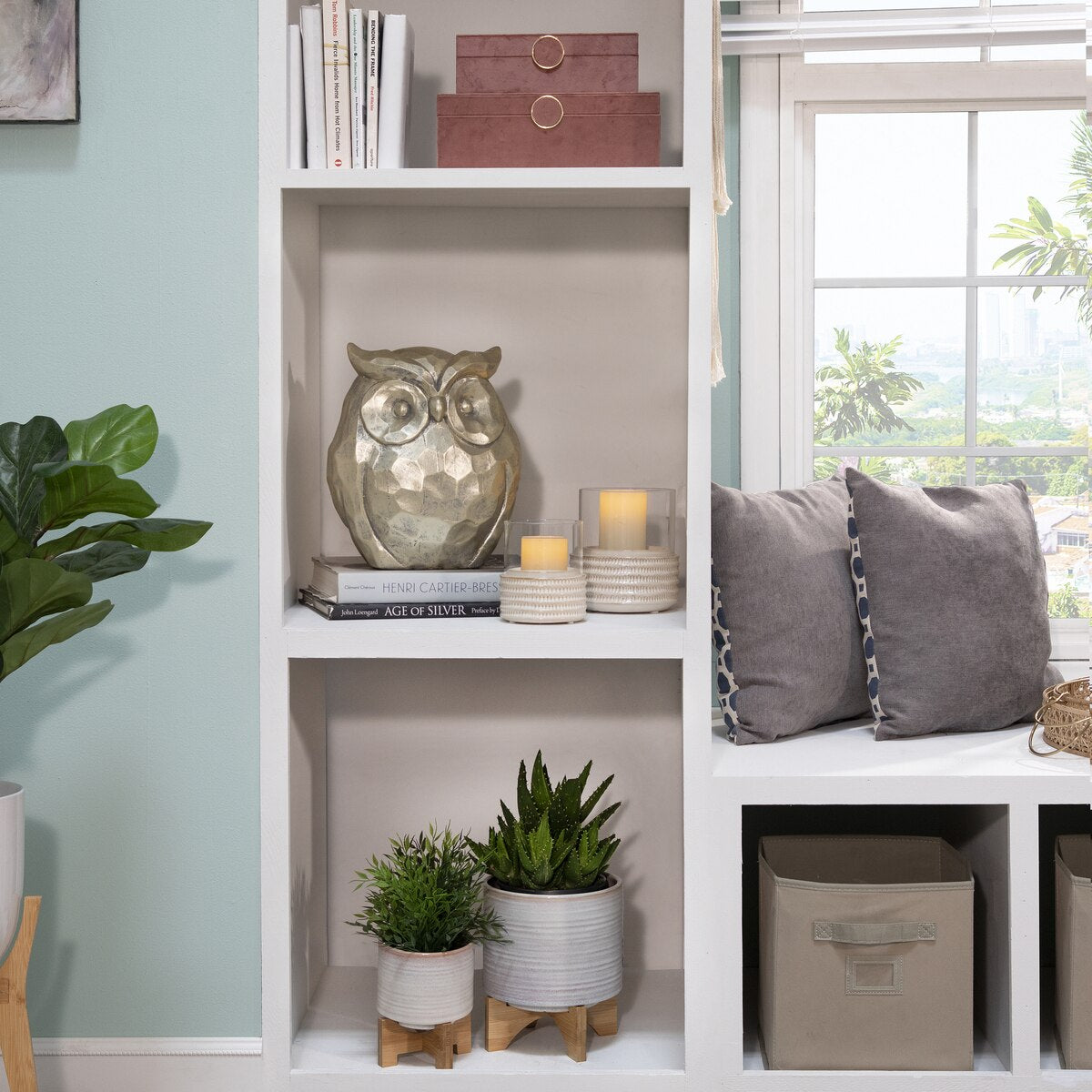 Ceramic 8" Planter On Stand, Cream Stripe