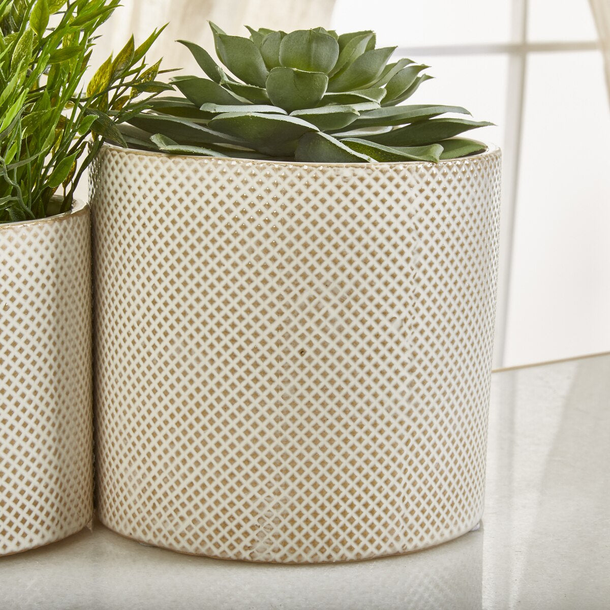 S/2 Ceramic 7/5" Planters, White/tan Dot