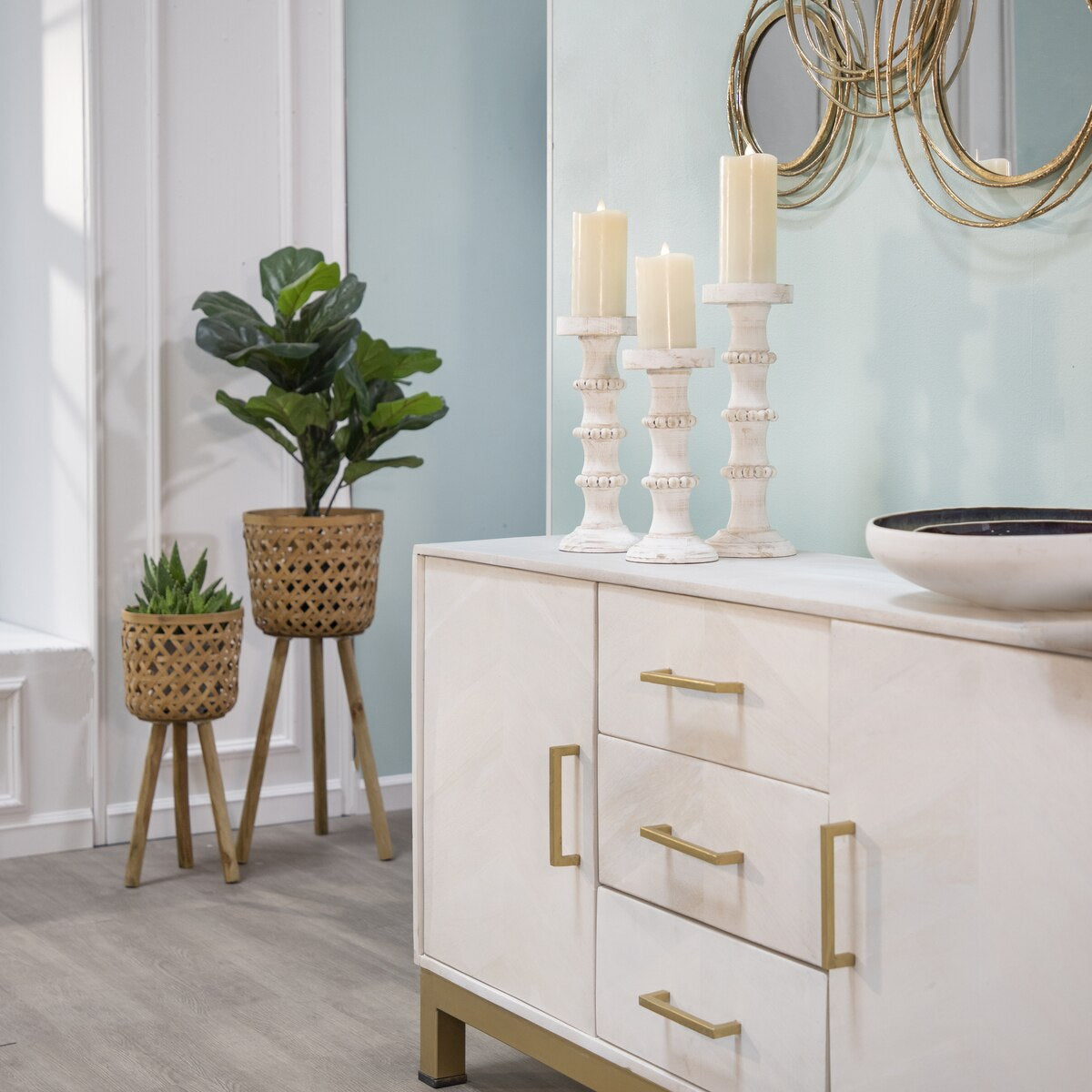 Wood, 11" Antique Style Candle Holder, White