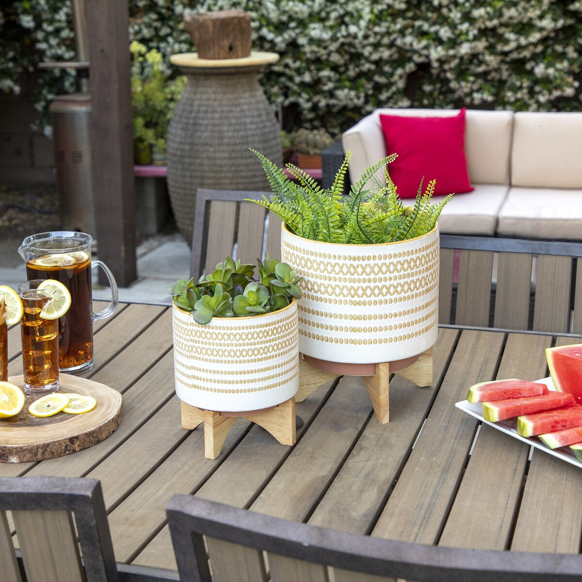 Ceramic 10" Planter On Standw/ Dots, Yellow