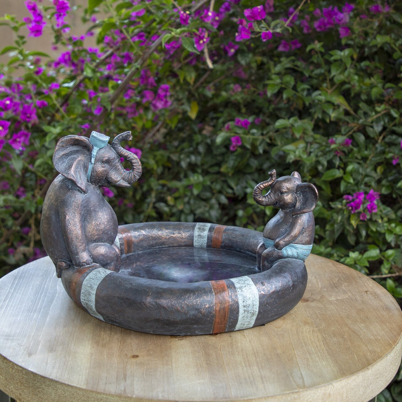 Polyresin 10" Dad & Son Elephant Bird Bath, Copper