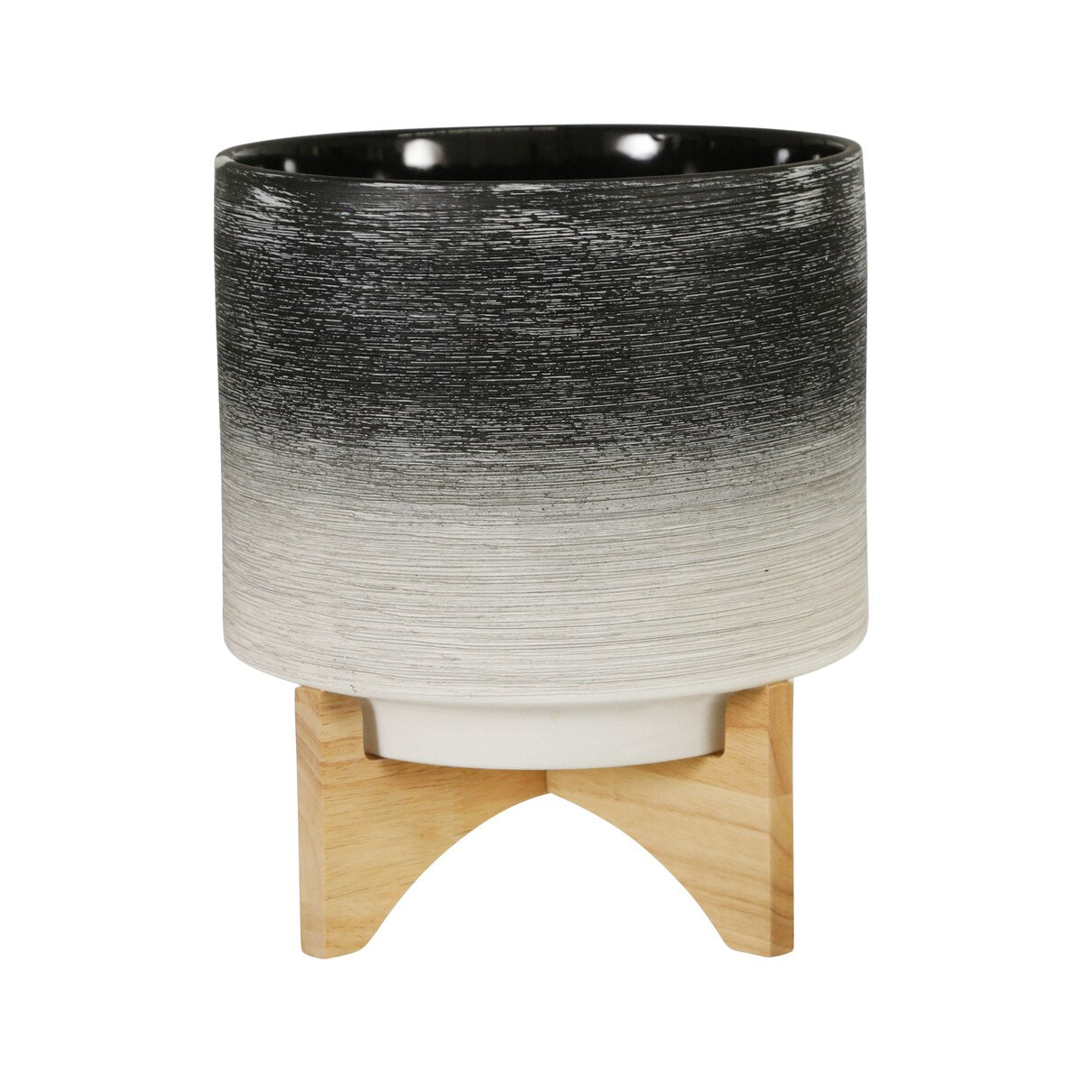 Ceramic 10" Planter On Wooden Stand, Gray