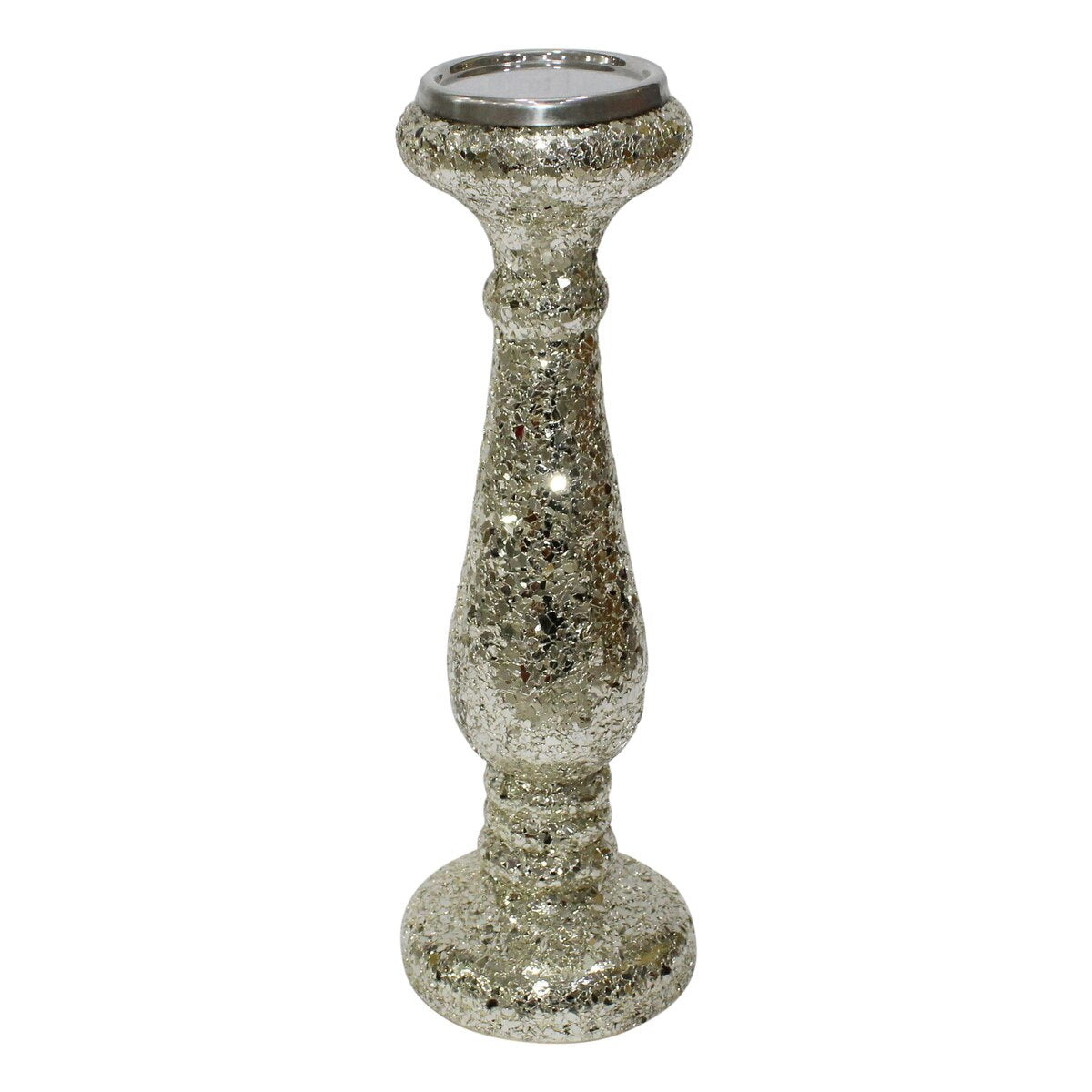 15" Silver Crackled Candle Holder