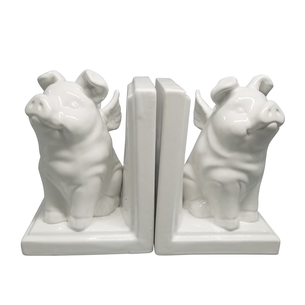 S/2 7" Winged Pigs Bookends, White