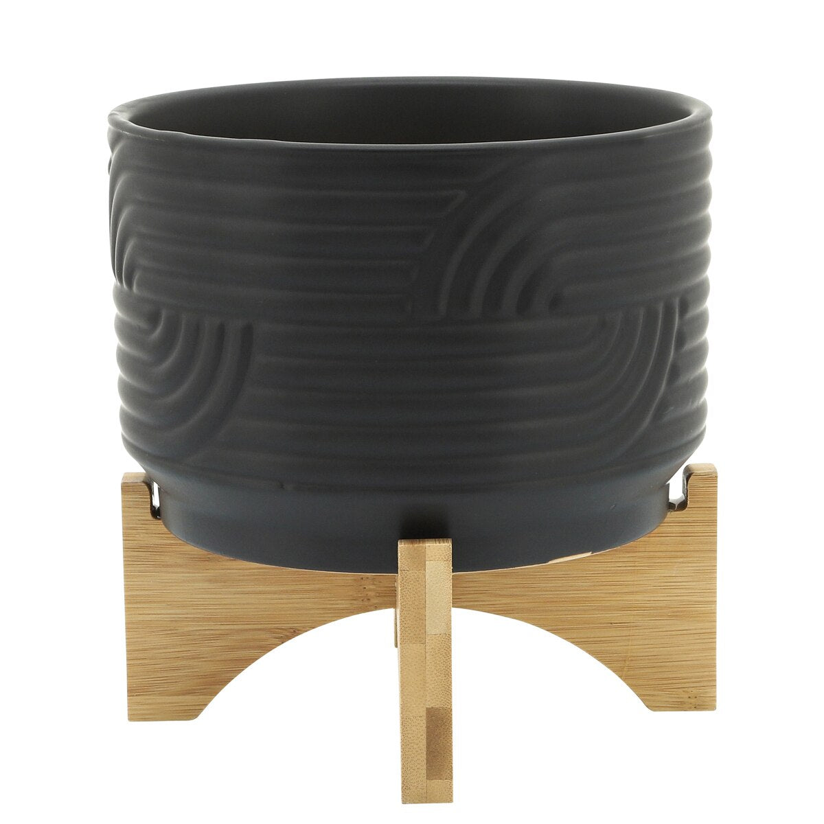 Cer, 7" Abstract Planter On Stand, Black