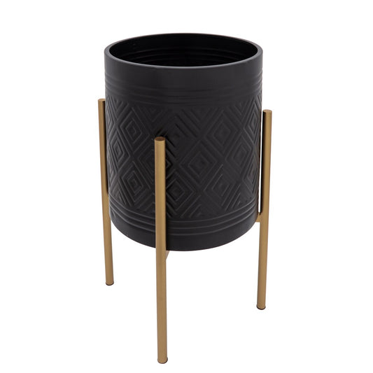 S/2 Aztec Planter On Metal Stand, Black/gold