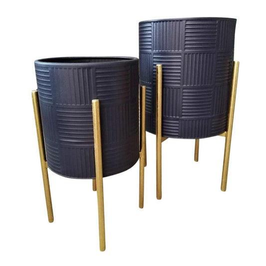 S/2 Planter W/ Lines On Metal Stand, Black/gold