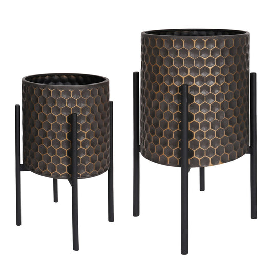 S/2 3d Honeycomb Planter On Metal Stand, Blk/gld