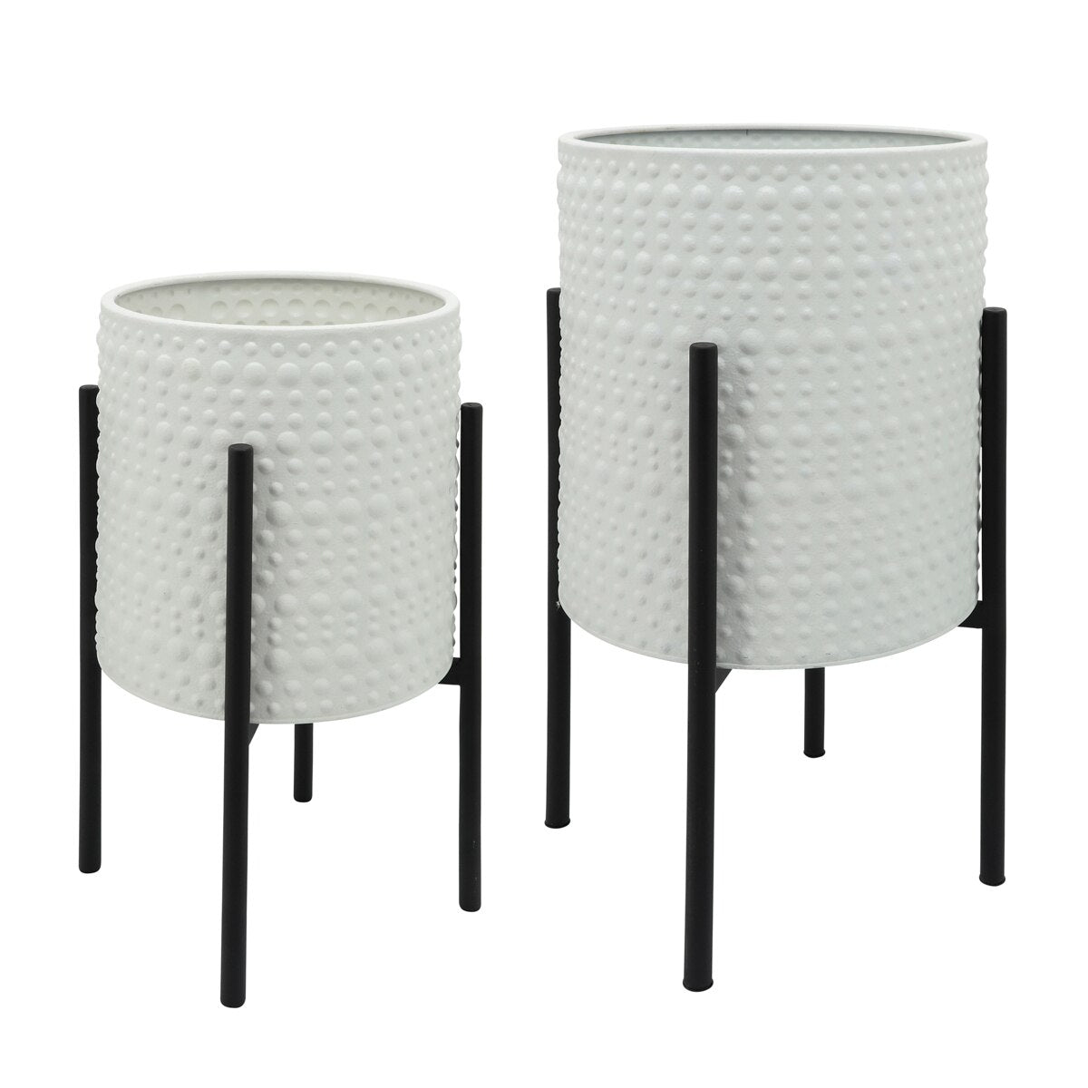 S/2 Dotted Planters In Metal Stand, White