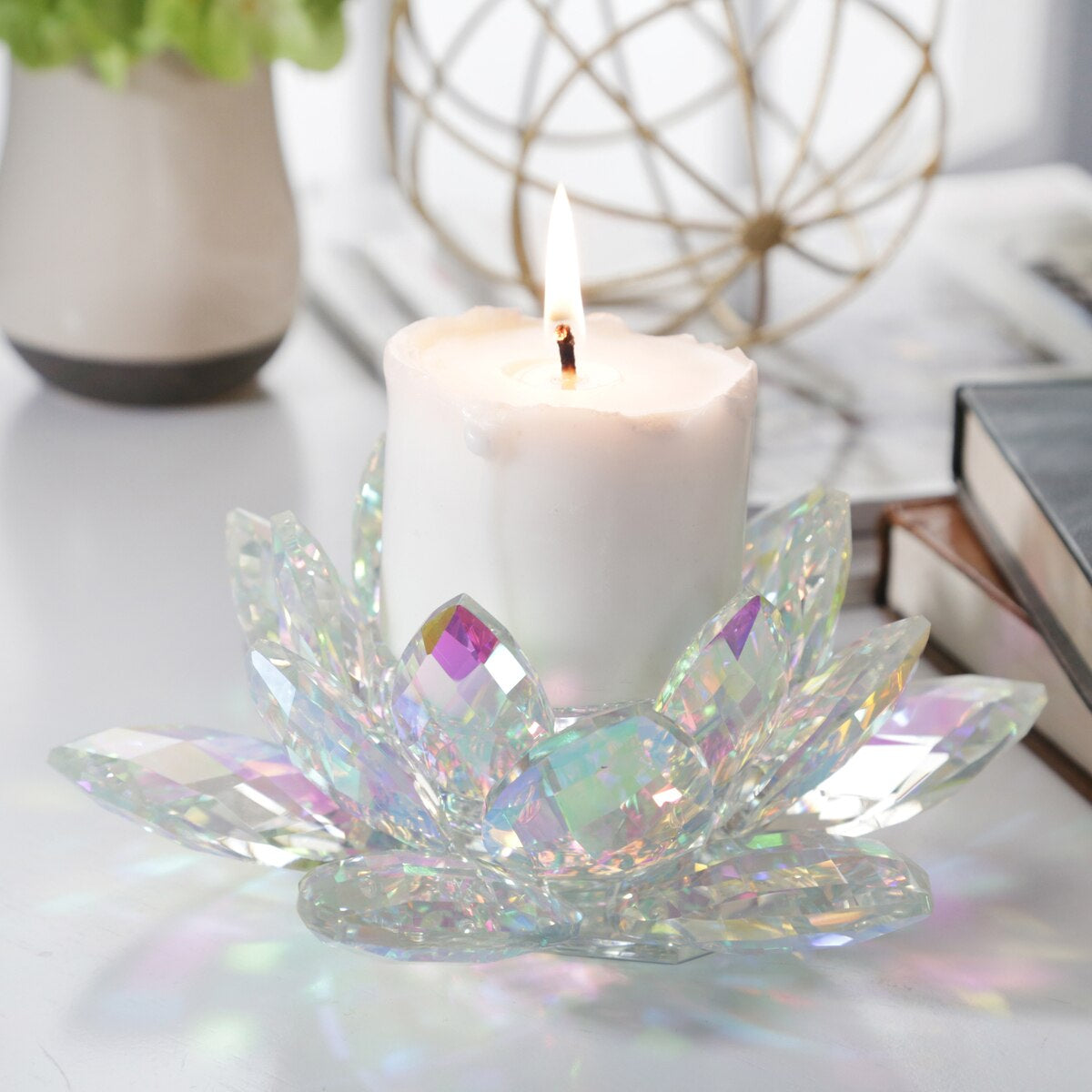 Rainbow Crystal Lotus Votive Holder 8.25"