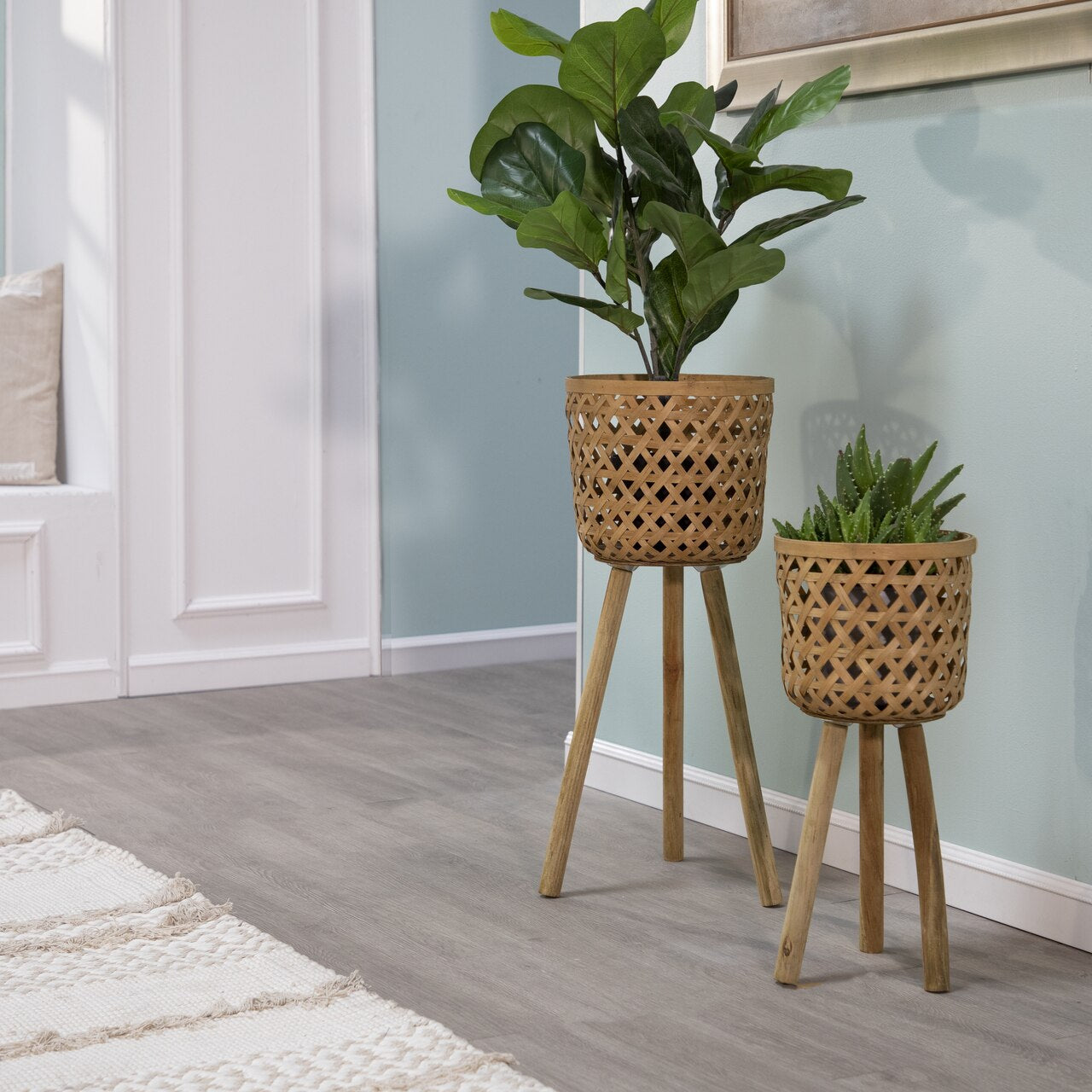 S/2 Bamboo Planters On Stands, Natural