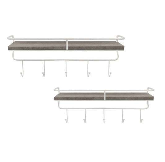 Metal/wood, 24" 5 Hook Wall Shelf, White/gray
