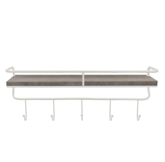Metal/wood, 24" 5 Hook Wall Shelf, White/gray