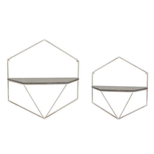 S/2 Metal / Wood Hexagon Wall Shelves, Wht/gray