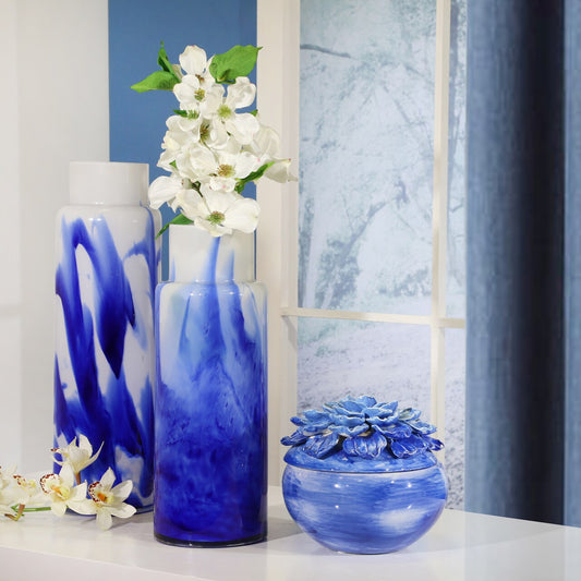 Glass Vase 15.75", White / Blue