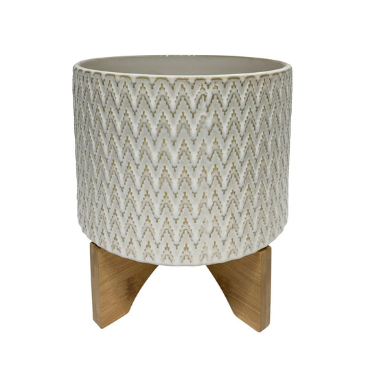 Ceramic 10" Chevron Planter On Stand, Ivory