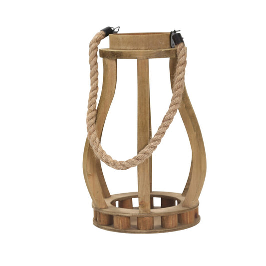 Wood 13.75" Lantern With Ropehandle, Brown