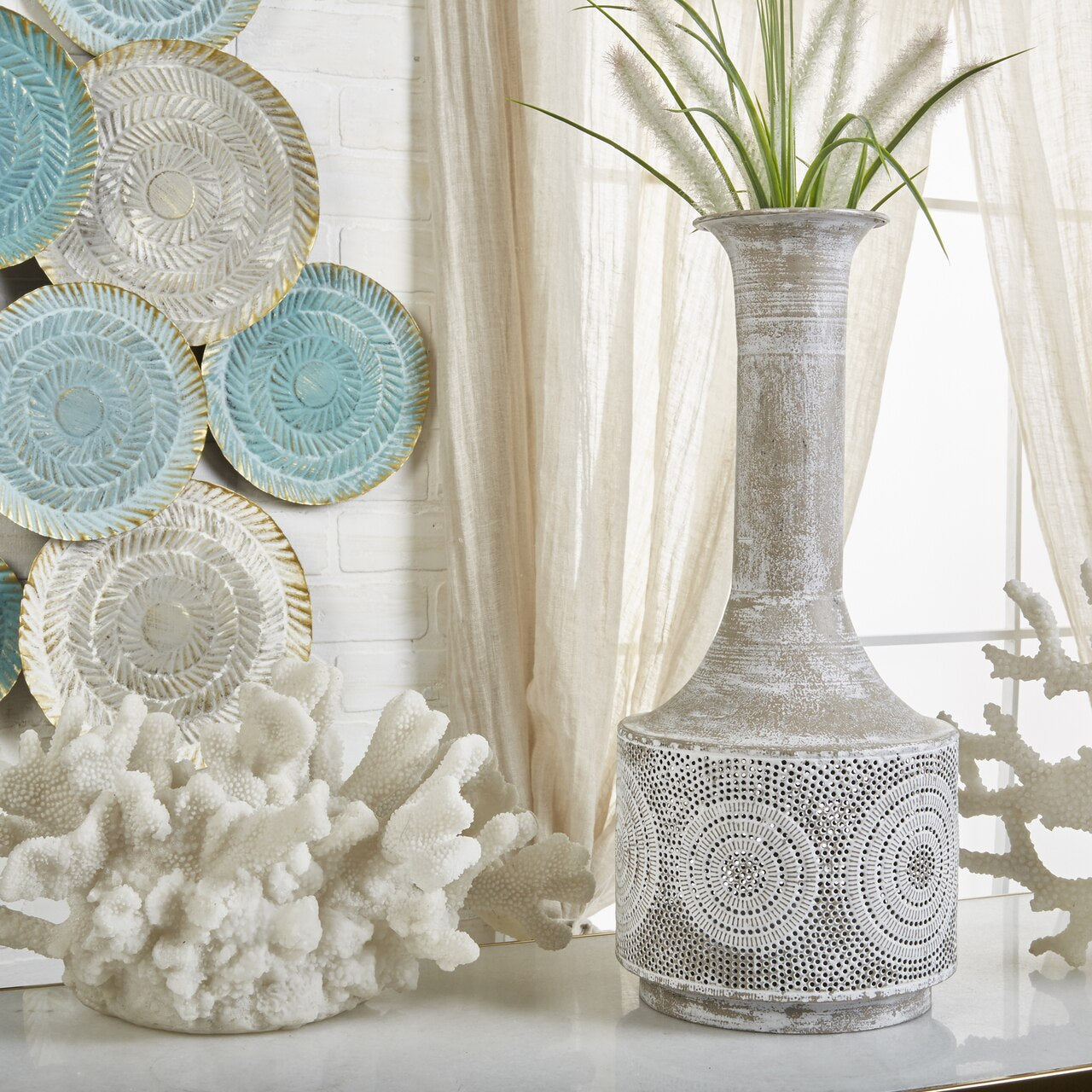 Metal 19" Textured Vase, White