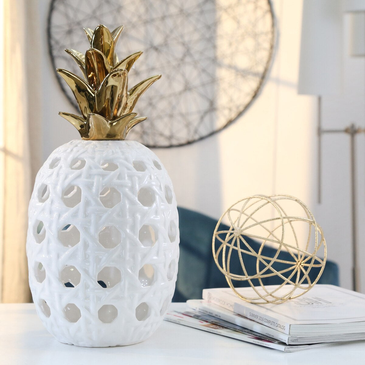 Ceramic 16" Lattice Weave Pineapple, White / Gold
