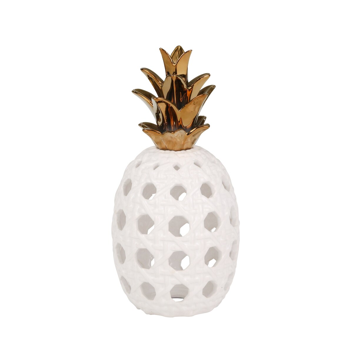 Ceramic 13" Lattice Weave Pineapple, White / Gold