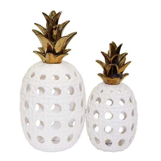 Ceramic 13" Lattice Weave Pineapple, White / Gold