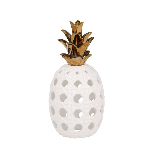 Ceramic 13" Lattice Weave Pineapple, White / Gold