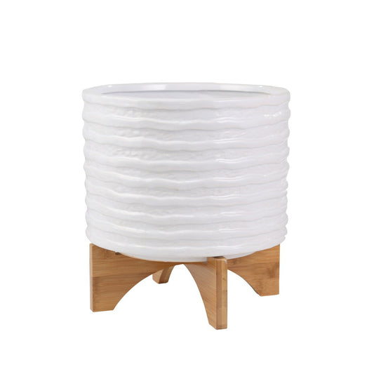 Ceramic 10" Planter On Stand,white Stripe