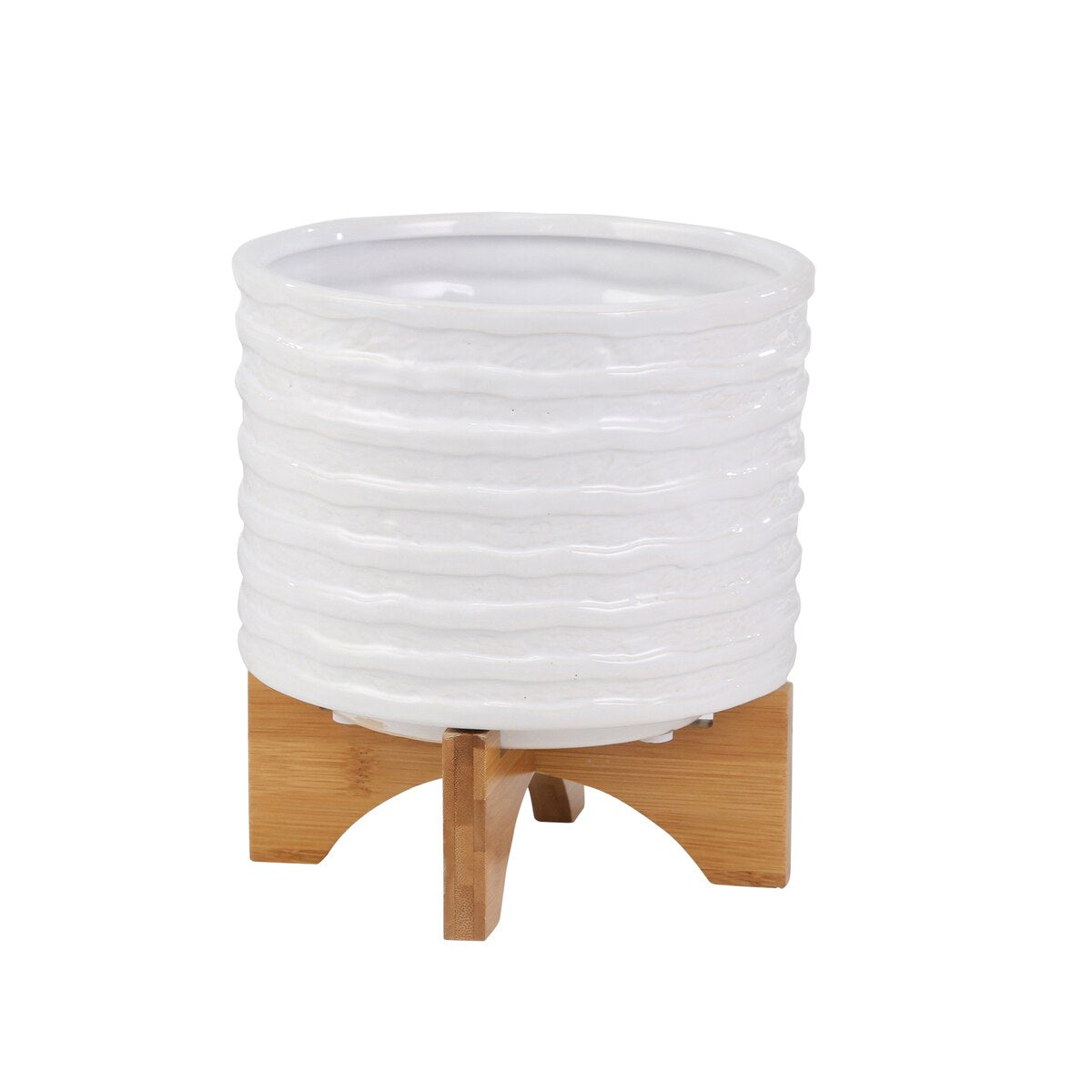 Ceramic 8" Planter On Stand, White Stripe