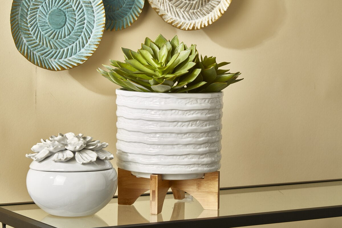 Ceramic 8" Planter On Stand, White Stripe