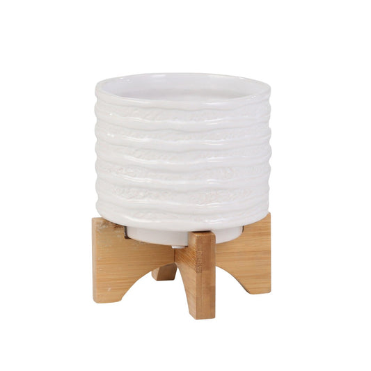 Ceramic 5" Planter On Stand, White Stripe