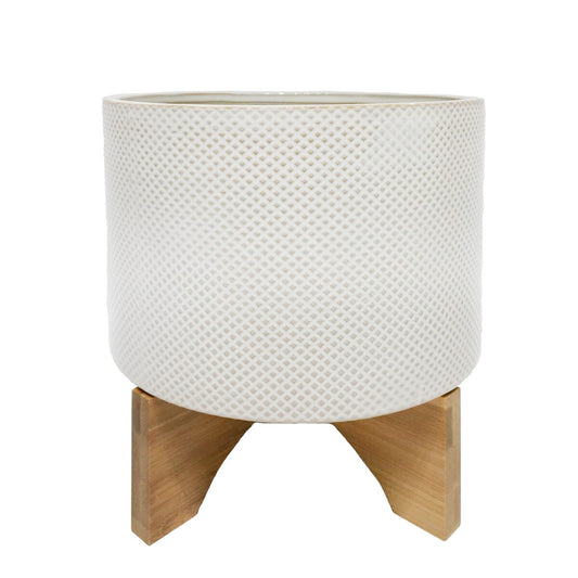 Ceramic 10" Planter On Stand,white / Tan Dot