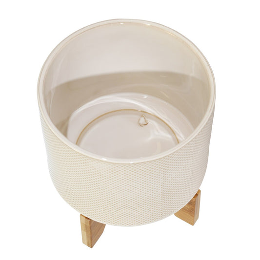 Ceramic 8" Planter On Stand, White/tan Dot