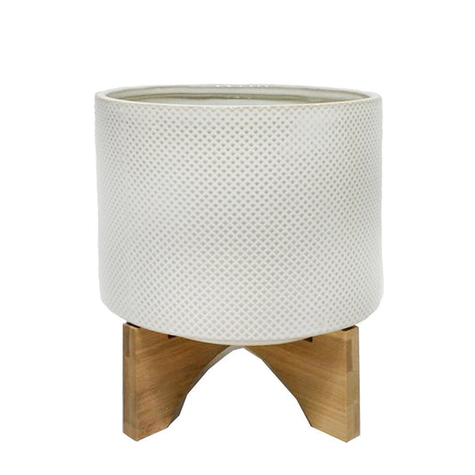 Ceramic 8" Planter On Stand, White/tan Dot