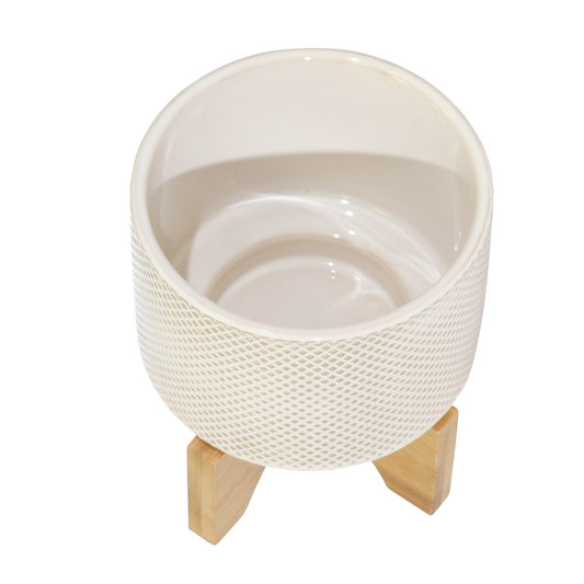 Ceramic 5" Planter On Stand, White /tan Dot