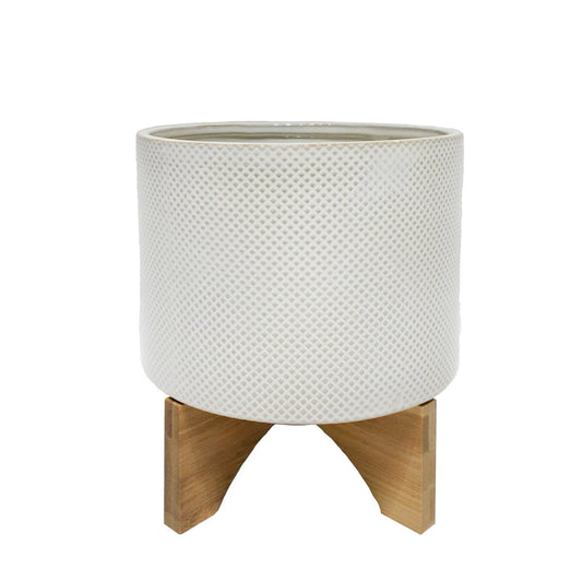 Ceramic 5" Planter On Stand, White /tan Dot