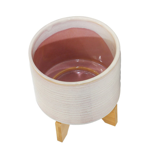Ceramic 8" Planter On Stand, Cream Stripe