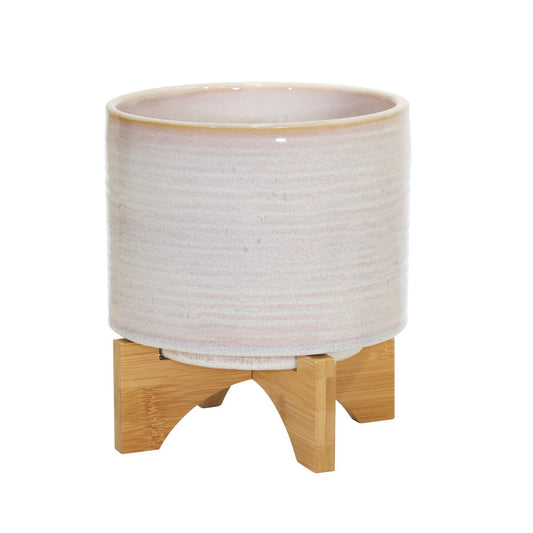 Ceramic 8" Planter On Stand, Cream Stripe