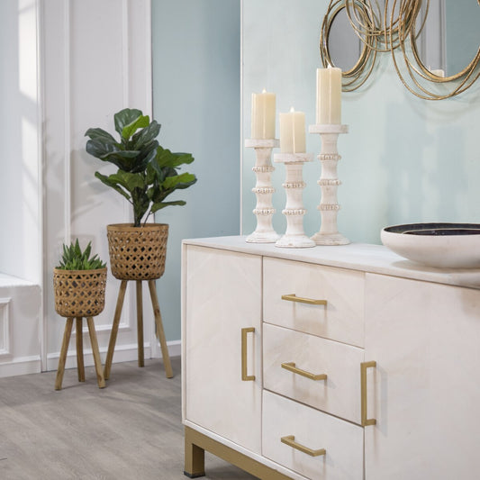 Wood, 11" Antique Style Candle Holder, White