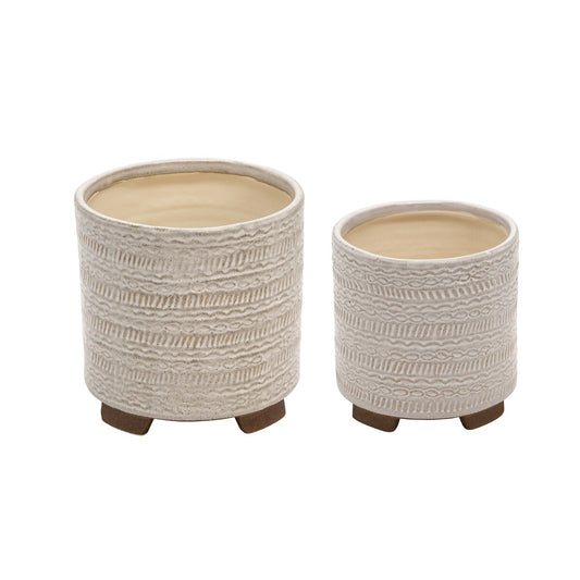 S/2 Ceramic Tribal Look 6/8" Planters, Ivory