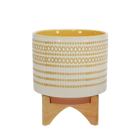 Ceramic 10" Planter On Standw/ Dots, Yellow