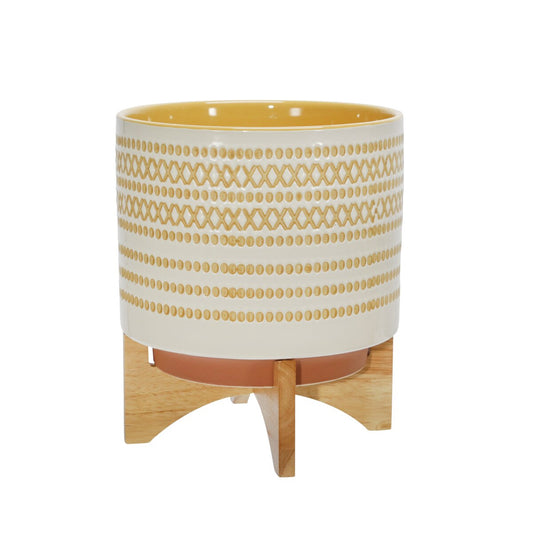 Ceramic 10" Planter On Standw/ Dots, Yellow