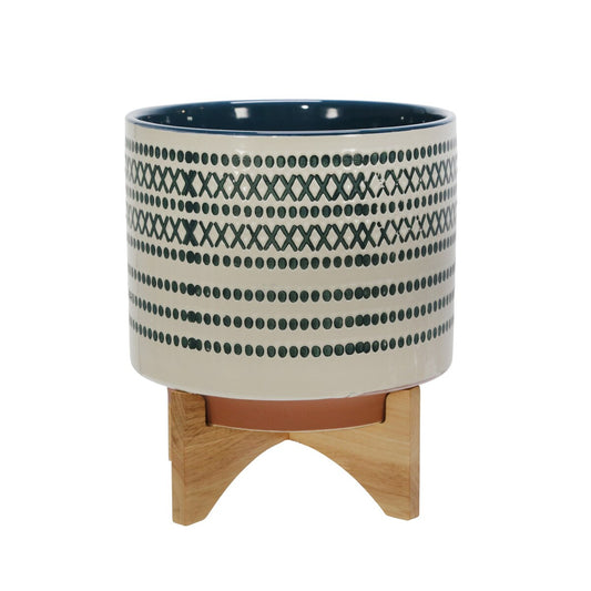 Ceramic 10" Planter On Standw/ Dots, Blue