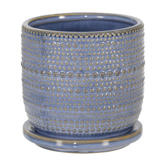 Ceramic 5" Textured Planter W/ Saucer, Blue