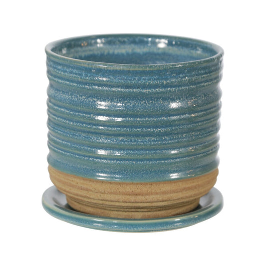 Ceramic 6" Textured Planterw/ Saucer, Aqua