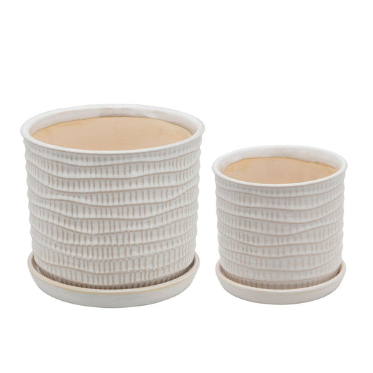 S/2 Textured Planter 6/8" W/ Saucer, Beige